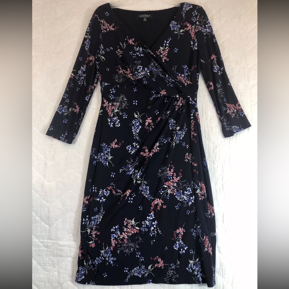 Lauren Ralph Lauren Dress Womens 10 Blue Floral Knee Length Long‎ Sleeved V-Neck
